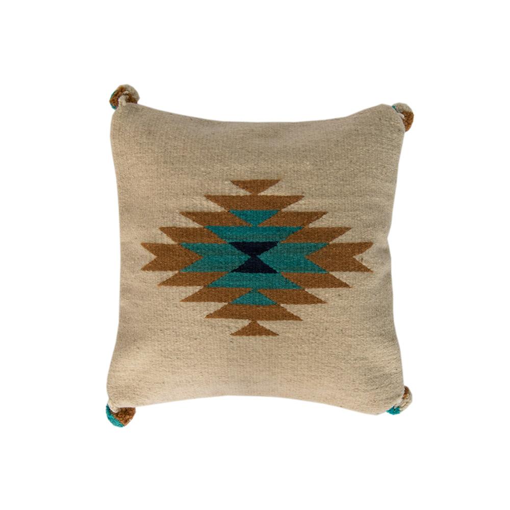 Belegui Flat Weaved Pillow Cover featuring a geometric blue diamond design on a white background, handcrafted from wool and cotton.
