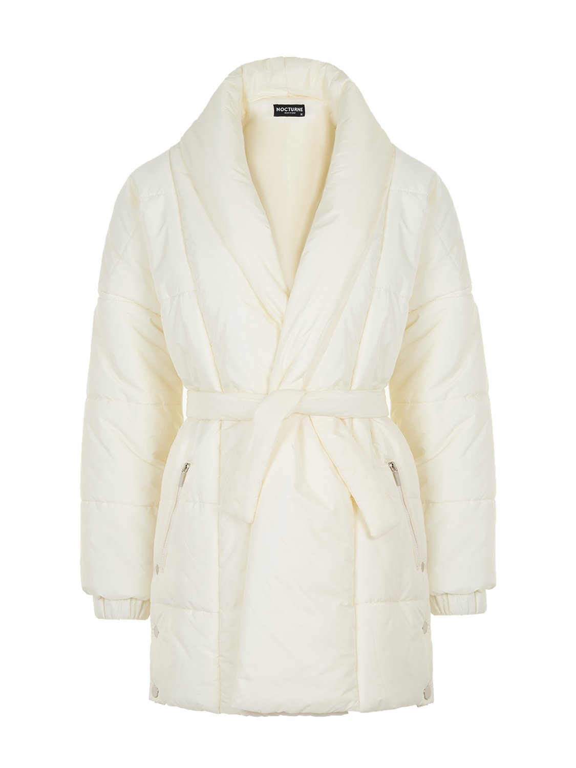 Belted Puffer Jacket featuring a double-breasted design, oversized fit, and side zipper pockets, perfect for stylish winter wear.