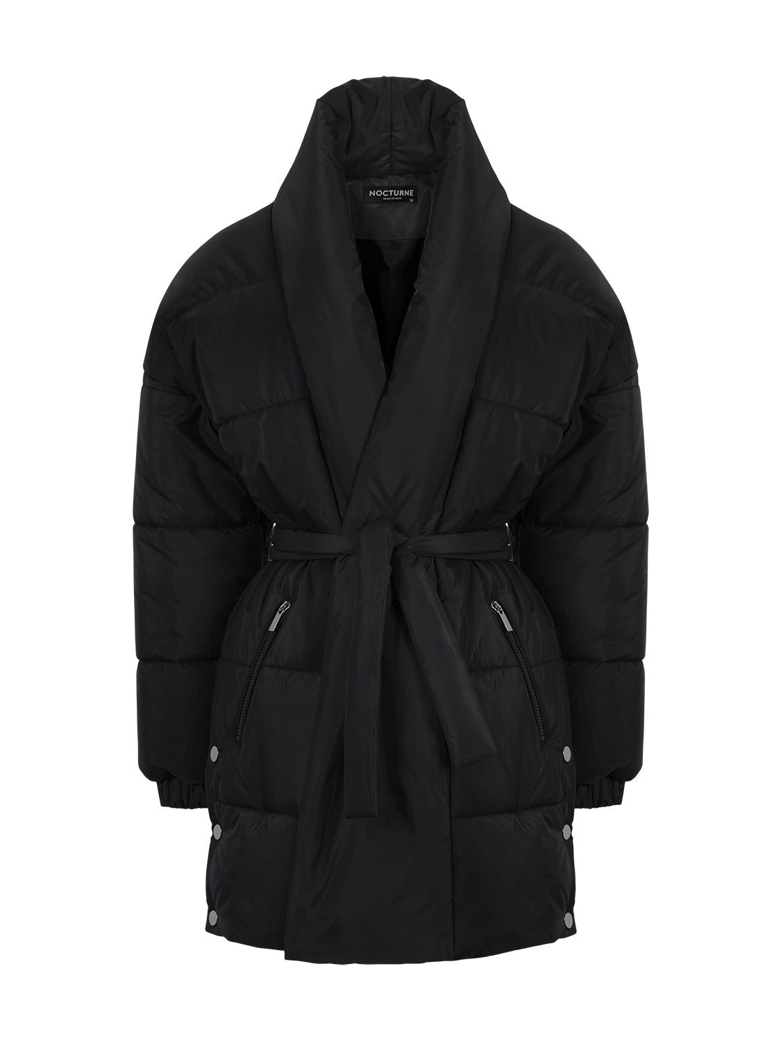 A stylish belted puffer jacket featuring a double-breasted design, wide neck, and side zipper pockets, perfect for winter fashion.