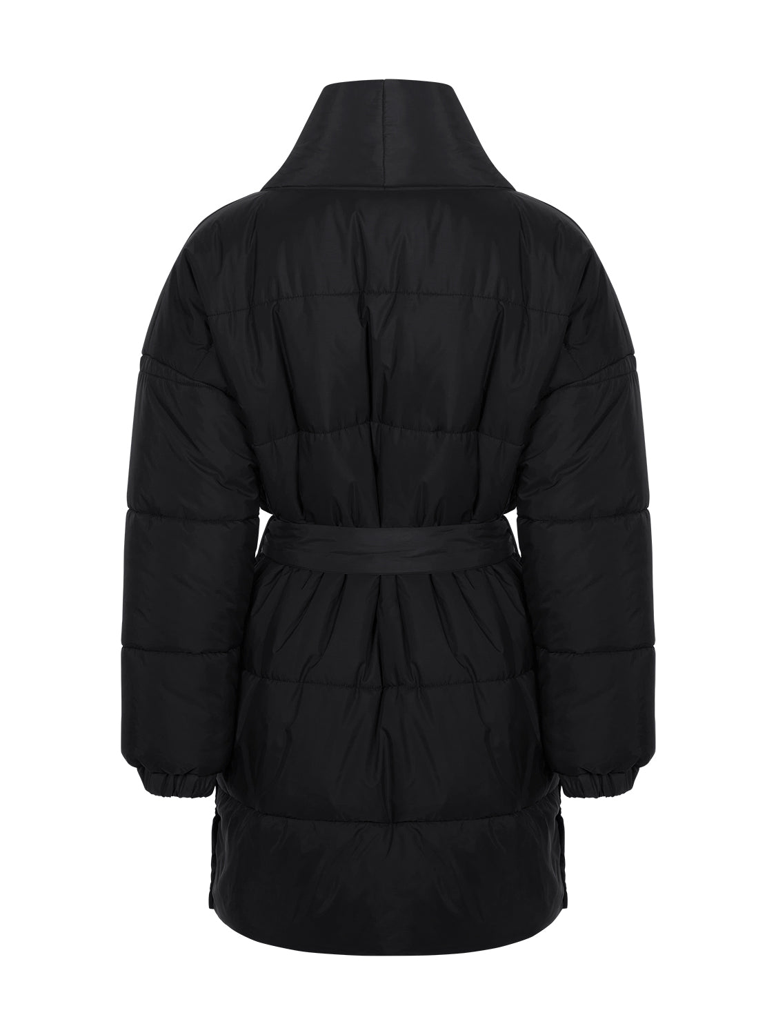 A stylish belted puffer jacket featuring a double-breasted design, wide neck, and side zipper pockets, perfect for winter fashion.