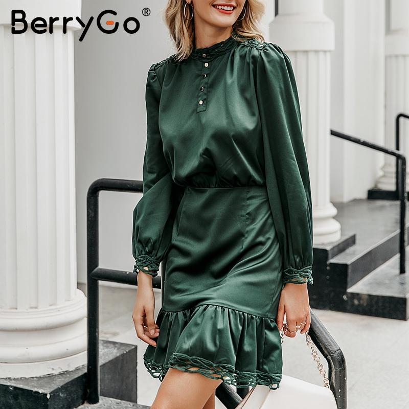 BerryGo Vintage ruffled lace satin dress for women, featuring long sleeves and a high waist design, perfect for autumn and winter.
