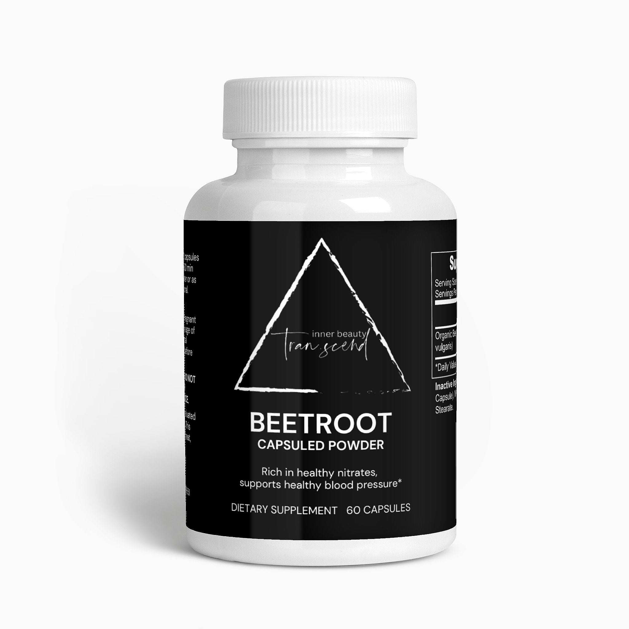 A bottle of all-natural Beetroot vitamin supplement with 60 capsules, highlighting its organic and non-GMO ingredients.