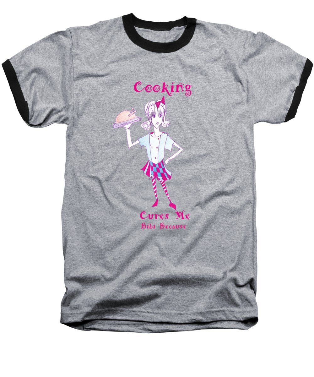 Bibi Because Cooking Cures Me Baseball T-Shirt featuring a stylish ringer design in soft cotton fabric.