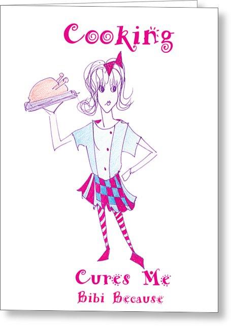 Bibi Because Cooking Cures Me greeting card featuring a vibrant design, 5" x 7" size, with a semi-gloss finish and a white envelope.