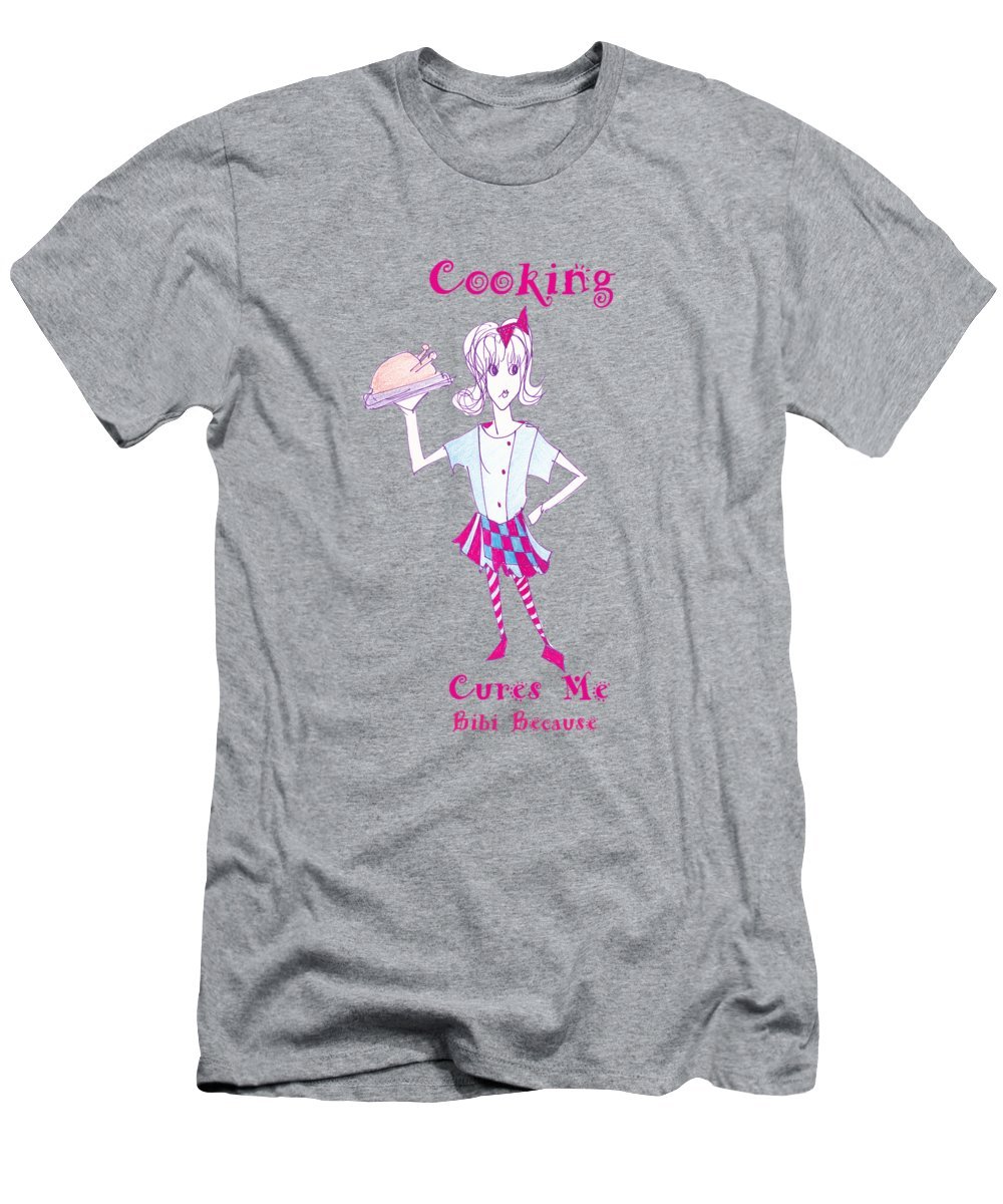 Bibi Because Cooking Cures Me Men's T-Shirt in a stylish design, showcasing a blend of cotton and polyester fabric.