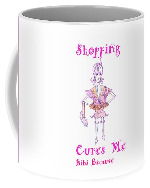 Ceramic coffee mug with the phrase 'Bibi Because Shopping Cures Me' in stylish font, available in two sizes.