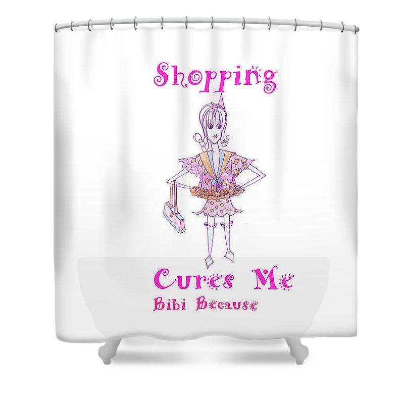 Bibi Because Shopping Cures Me shower curtain featuring vibrant colors and playful text, made from durable polyester fabric.