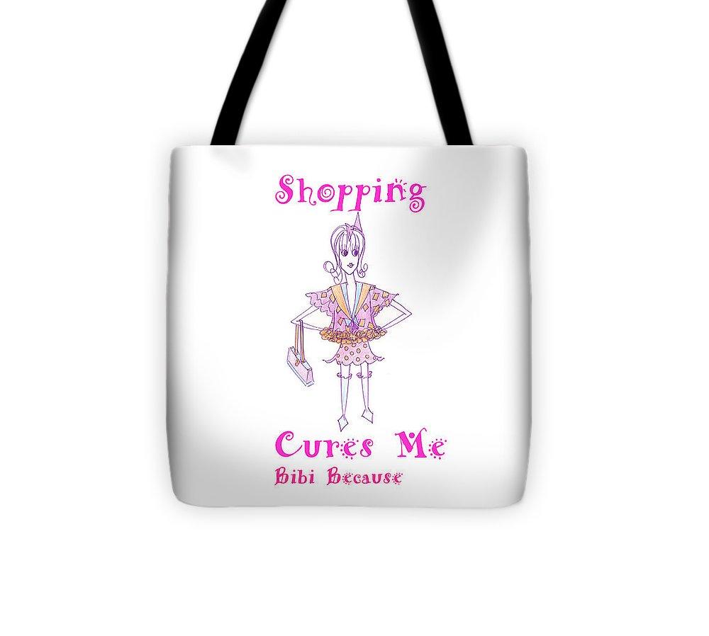 Bibi Because Shopping Cures Me tote bag featuring a vibrant design and durable black strap, perfect for shopping.