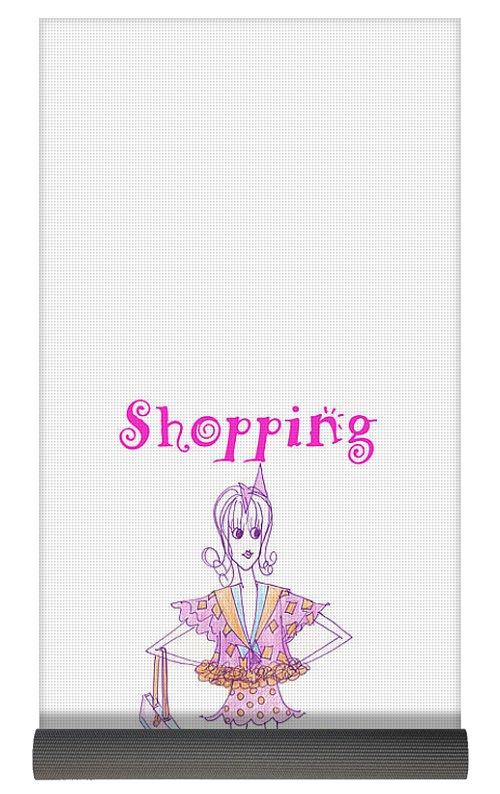 Bibi Because Shopping Cures Me yoga mat featuring a stylish design and textured black back for grip, with a black carrying bag.