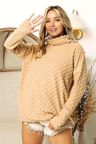 BiBi Checkered Round Neck Thumbhole Long Sleeve Top featuring a stylish checkered pattern and thumbhole sleeves, perfect for casual and dressy occasions.