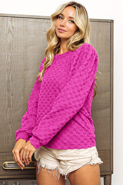 BiBi Round Neck Brushed Checker Top featuring a cozy brushed checker pattern, round neck design, and soft fabric for comfort.