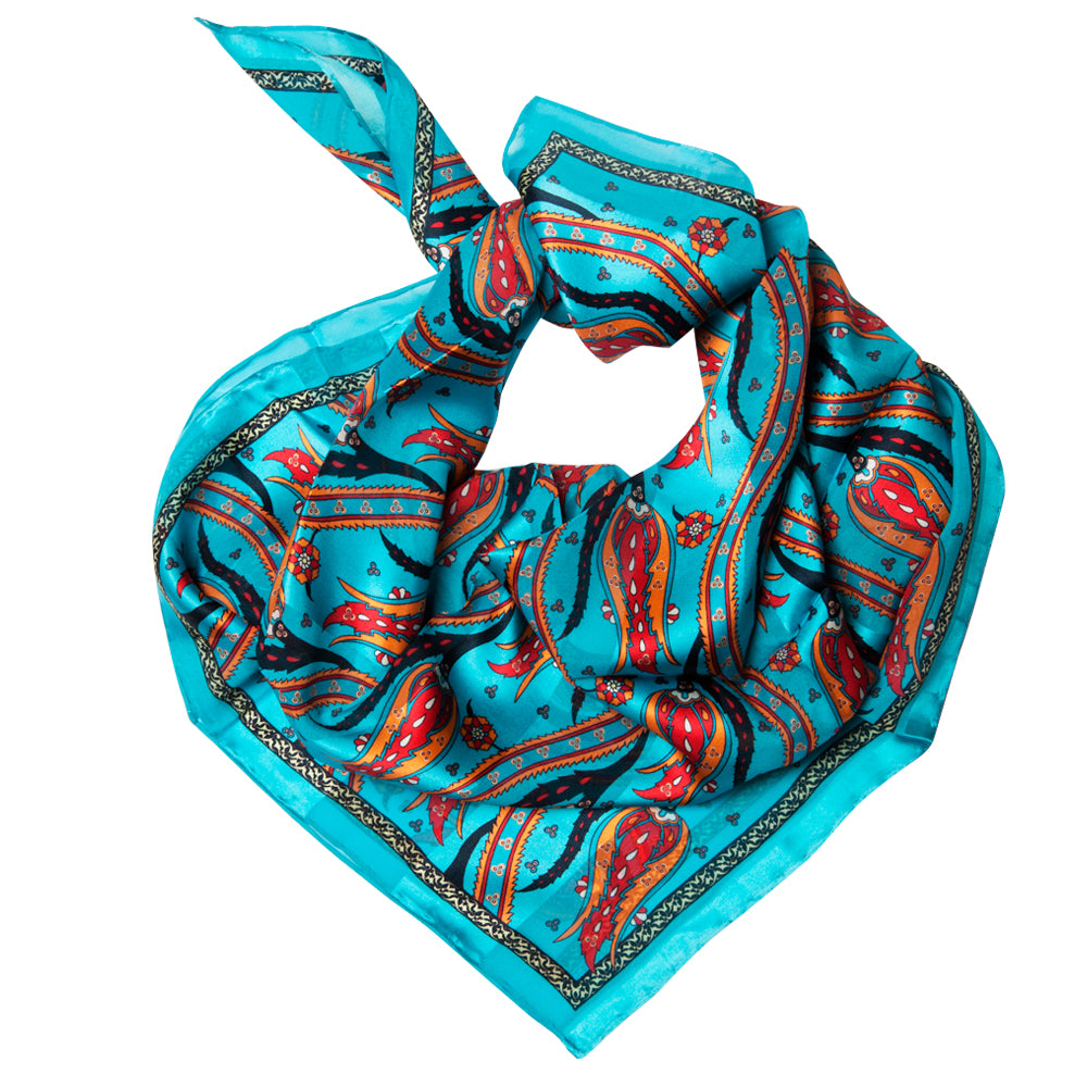 Biggdesign Tulpe gemusterte Seide Schal in eleganten Farben mit ethnischen Tulpenmotiven und modernen Linien.