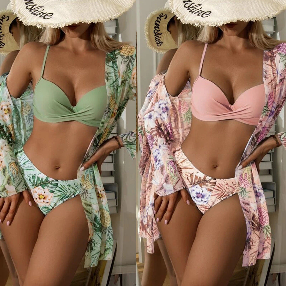 Bikini New Swimsuit Three-Piece Set featuring a mesh shawl and kimono design, perfect for beach outings.