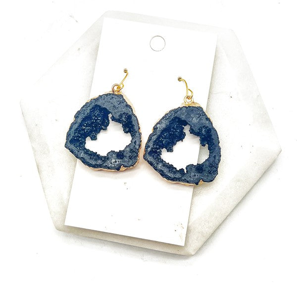 Elegant black agate slice resin earrings with gold accents, featuring nickel-free hooks, measuring under 1.5 inches long.