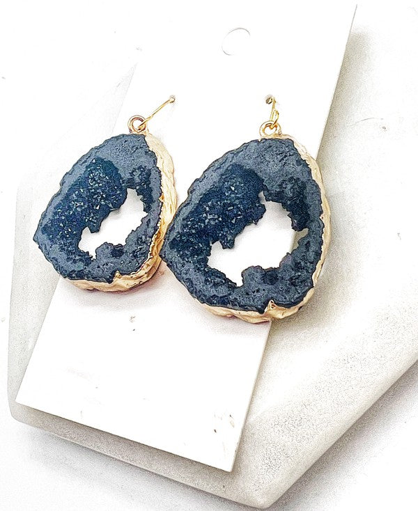 Elegant black agate slice resin earrings with gold accents, featuring nickel-free hooks, measuring under 1.5 inches long.