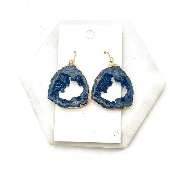 Elegant black agate slice resin earrings with gold accents, featuring nickel-free hooks, measuring under 1.5 inches long.