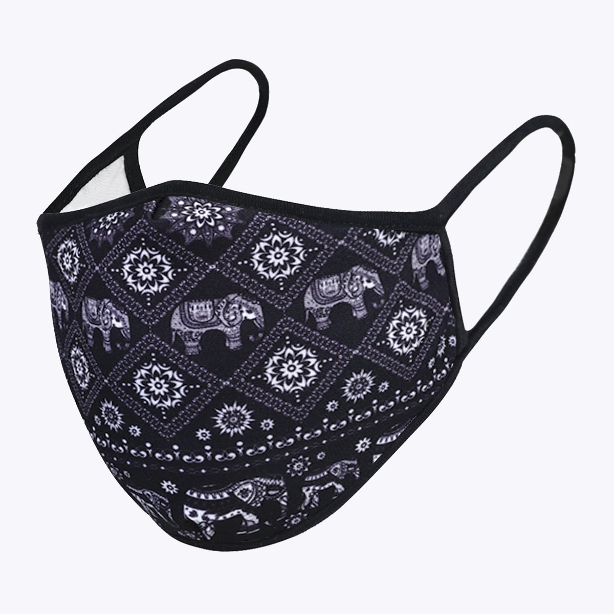 Black Ancient Elephant 3-Layered Face Cover featuring a unique elephant print design, made from polyester and cotton, suitable for unisex wear.