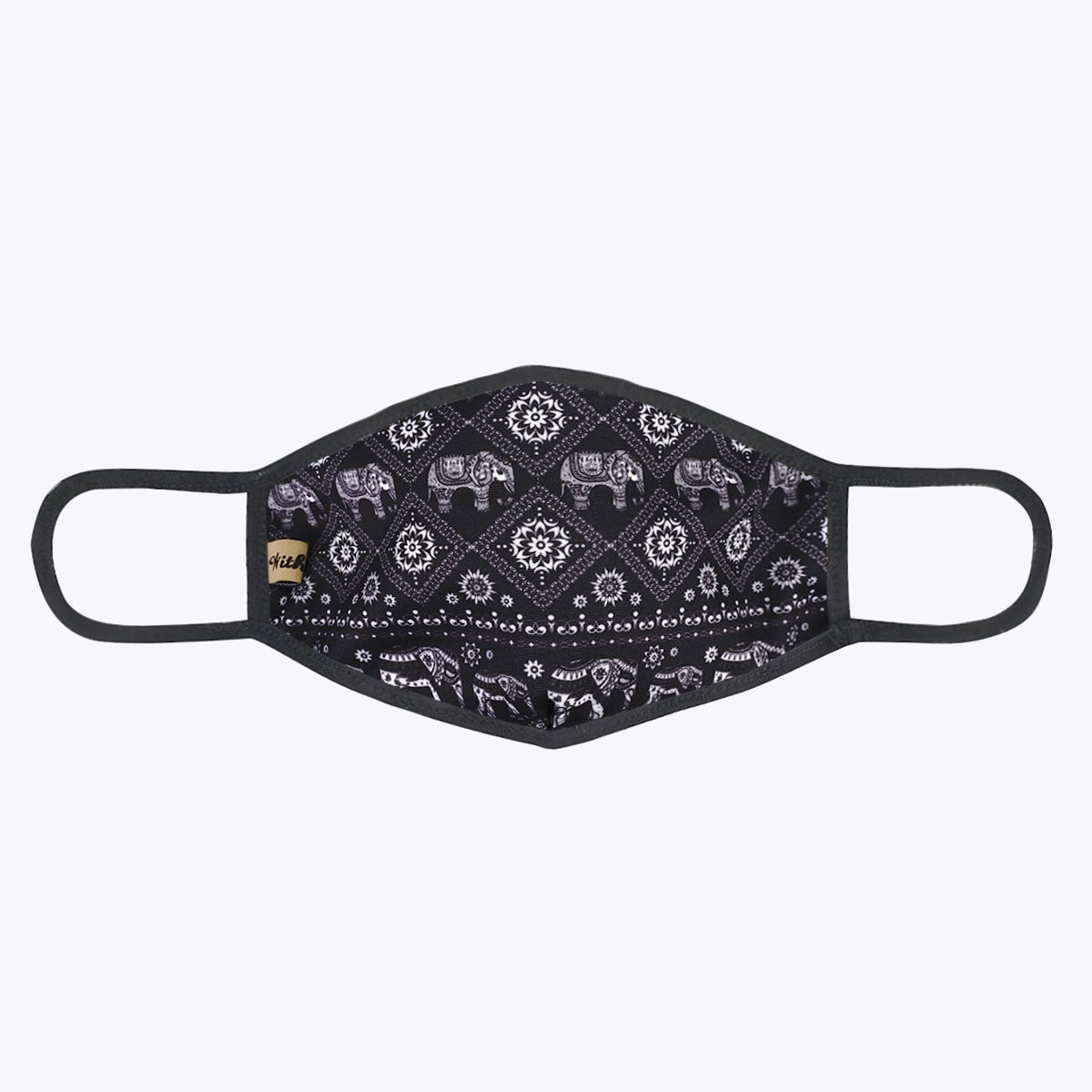 Black Ancient Elephant 3-Layered Face Cover featuring a unique elephant print design, made from polyester and cotton, suitable for unisex wear.