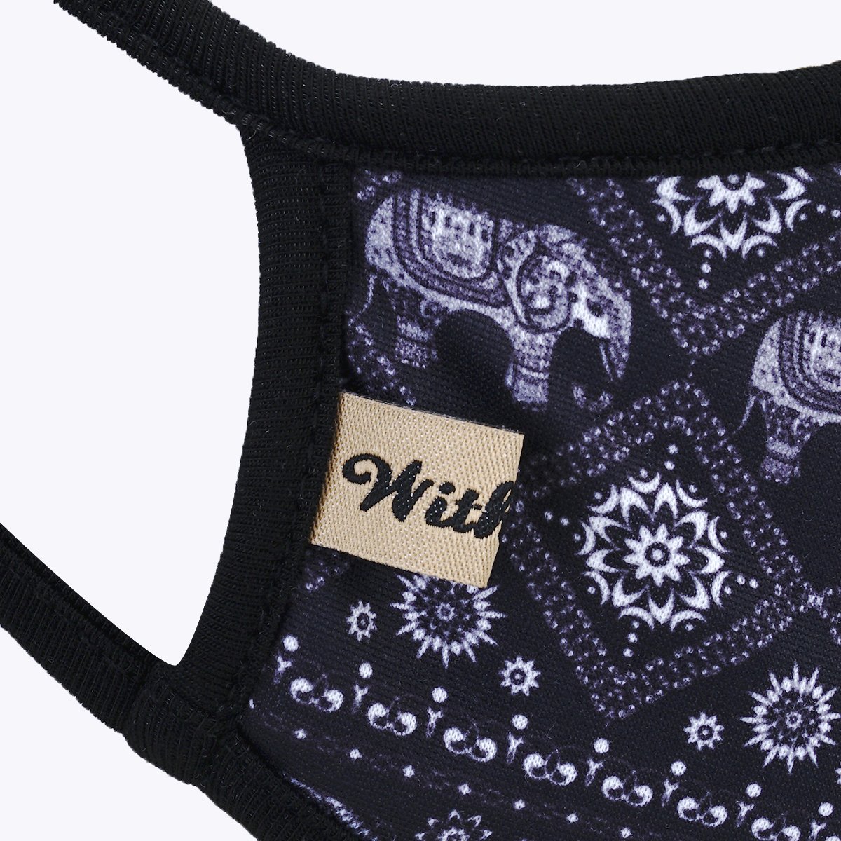 Black Ancient Elephant 3-Layered Face Cover featuring a unique elephant print design, made from polyester and cotton, suitable for unisex wear.