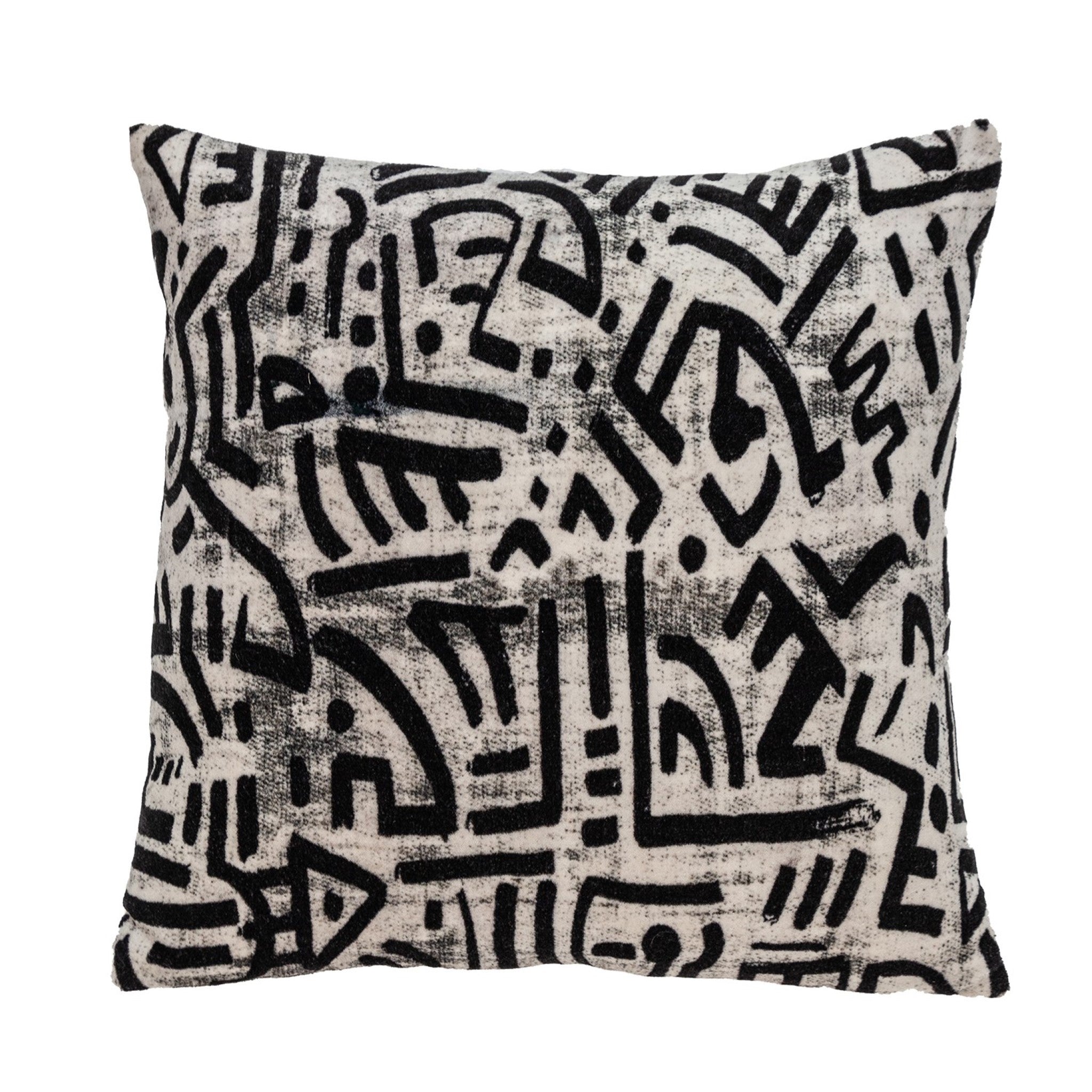 Black and white abstract velvet throw pillow with a modern design, featuring a soft velvet front and beige cotton canvas back.