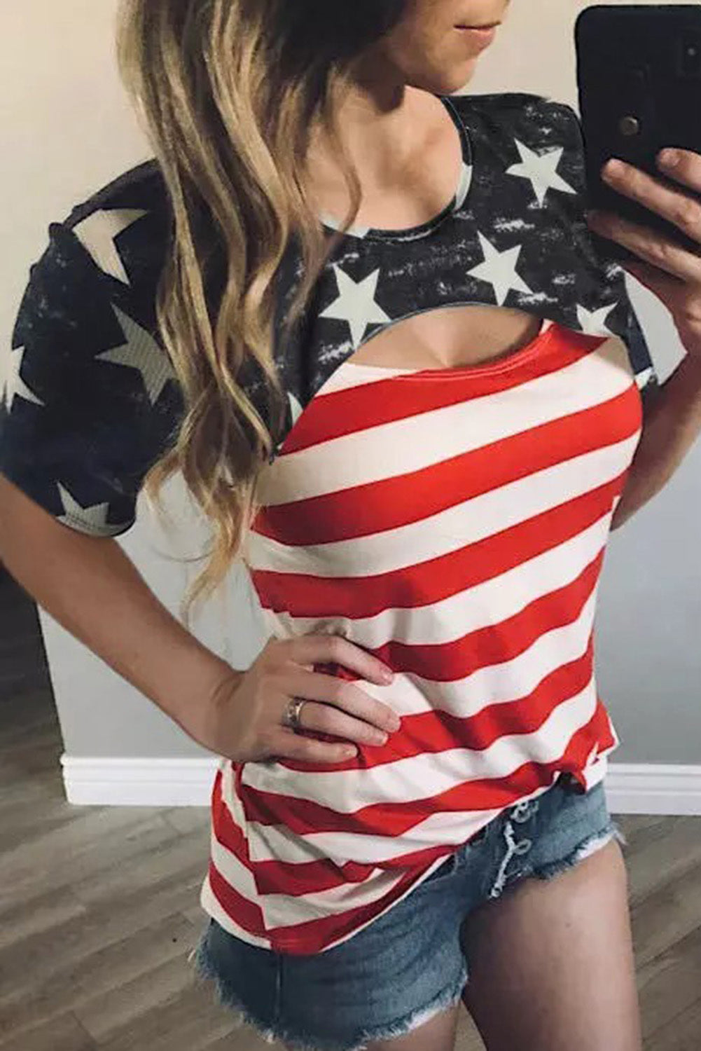 Black Contrast American Flag Cutout T-Shirt featuring a star and stripe print with a daring front cutout design.