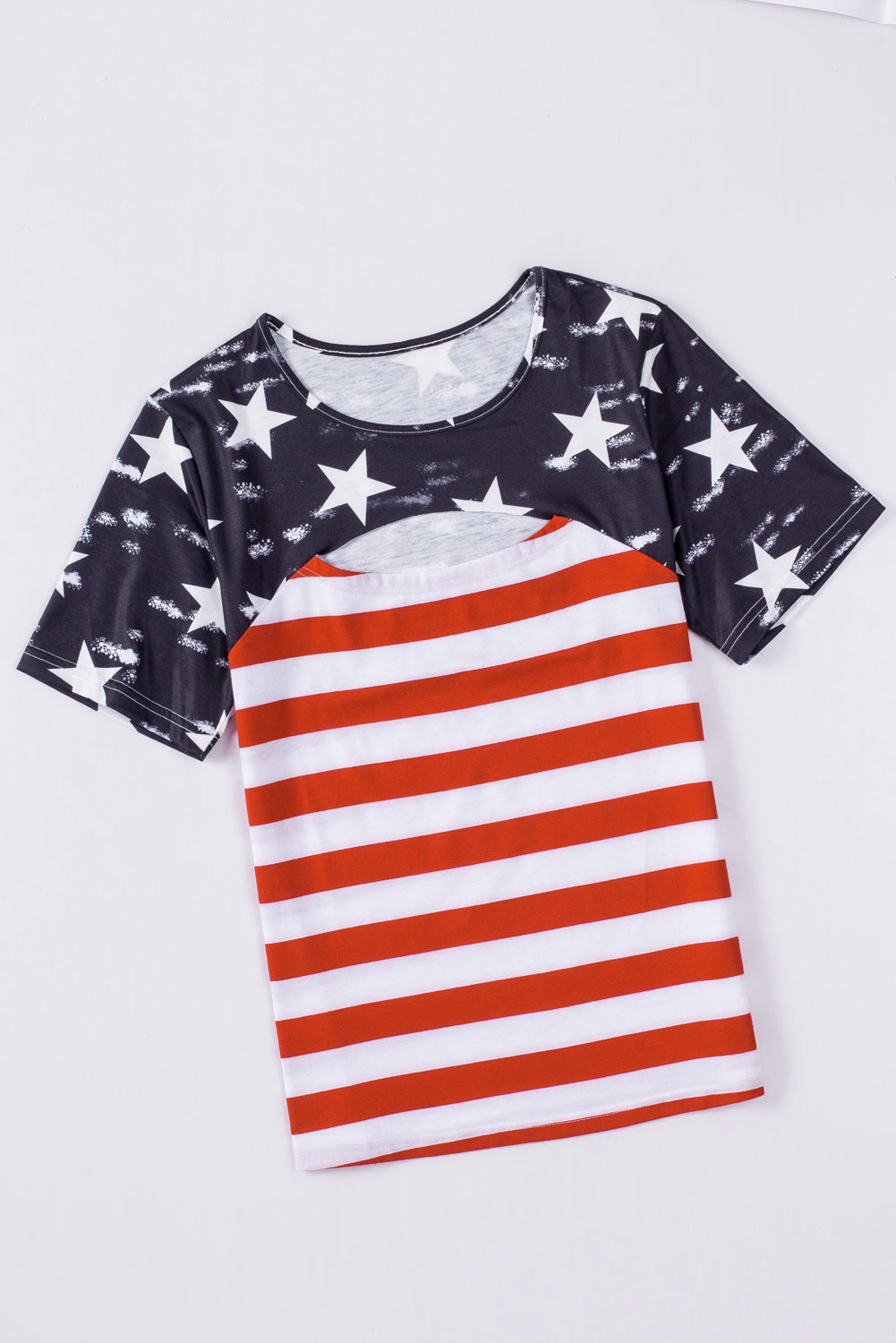 Black Contrast American Flag Cutout T-Shirt featuring a star and stripe print with a daring front cutout design.