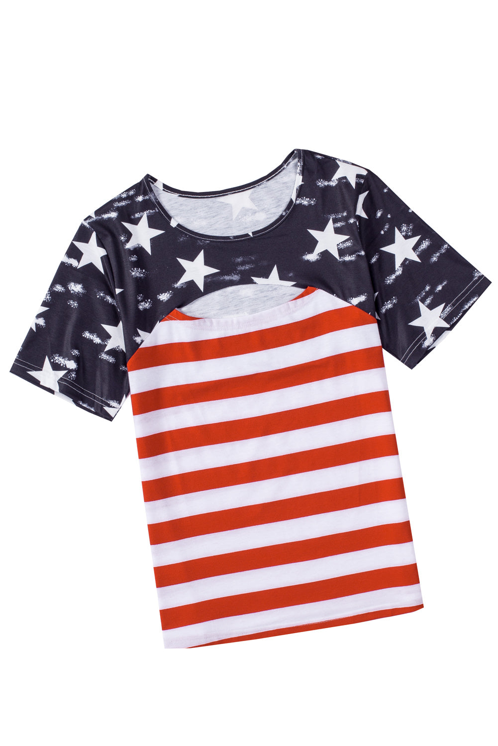 Black Contrast American Flag Cutout T-Shirt featuring a star and stripe print with a daring front cutout design.
