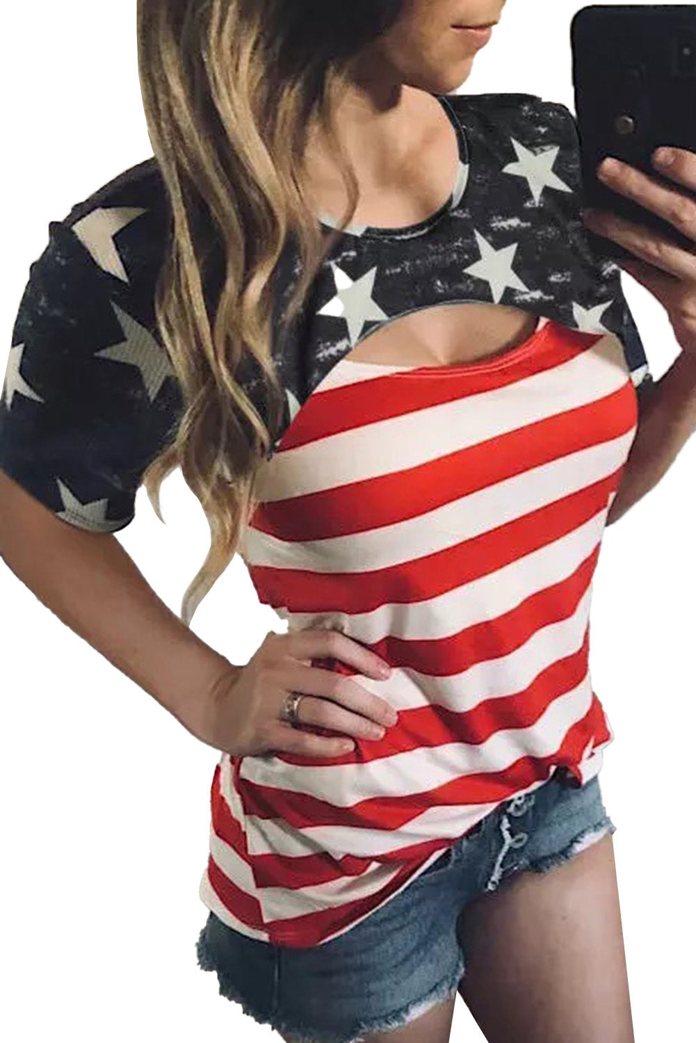 Black Contrast American Flag Cutout T-Shirt featuring a star and stripe print with a daring front cutout design.