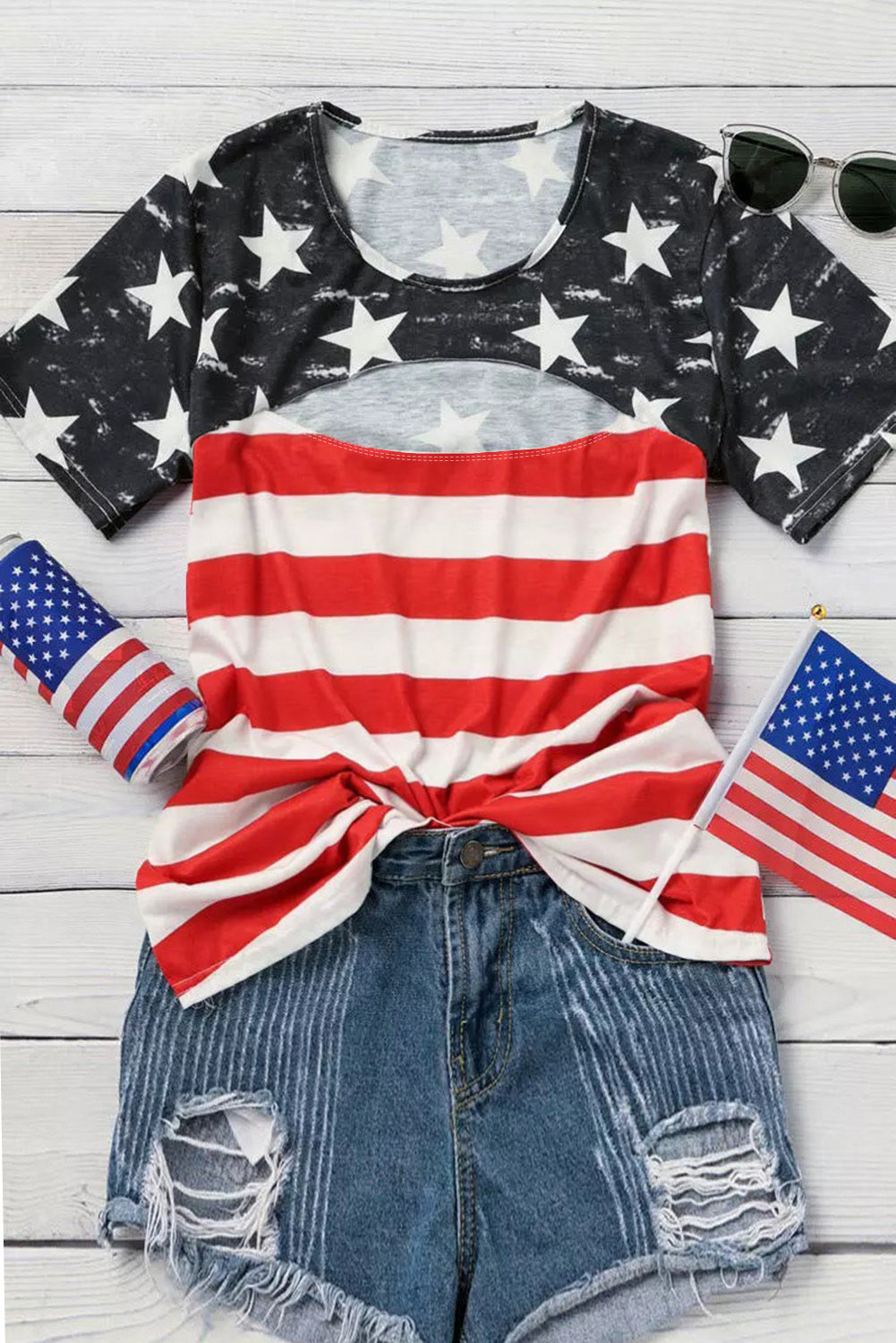 Black Contrast American Flag Cutout T-Shirt featuring a star and stripe print with a daring front cutout design.