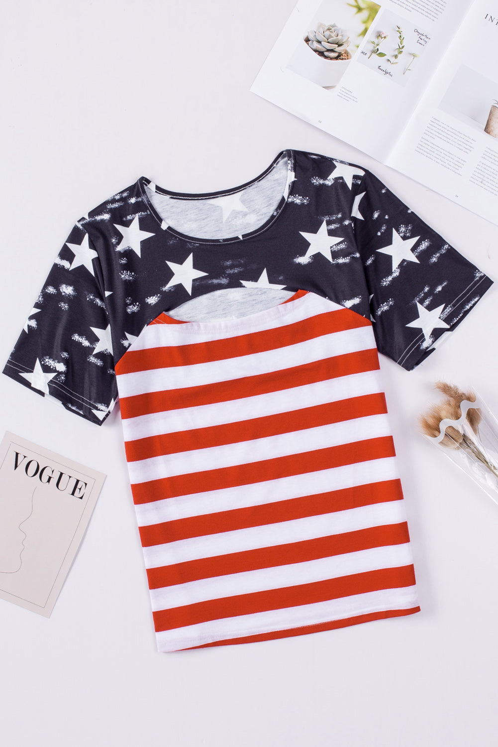 Black Contrast American Flag Cutout T-Shirt featuring a star and stripe print with a daring front cutout design.