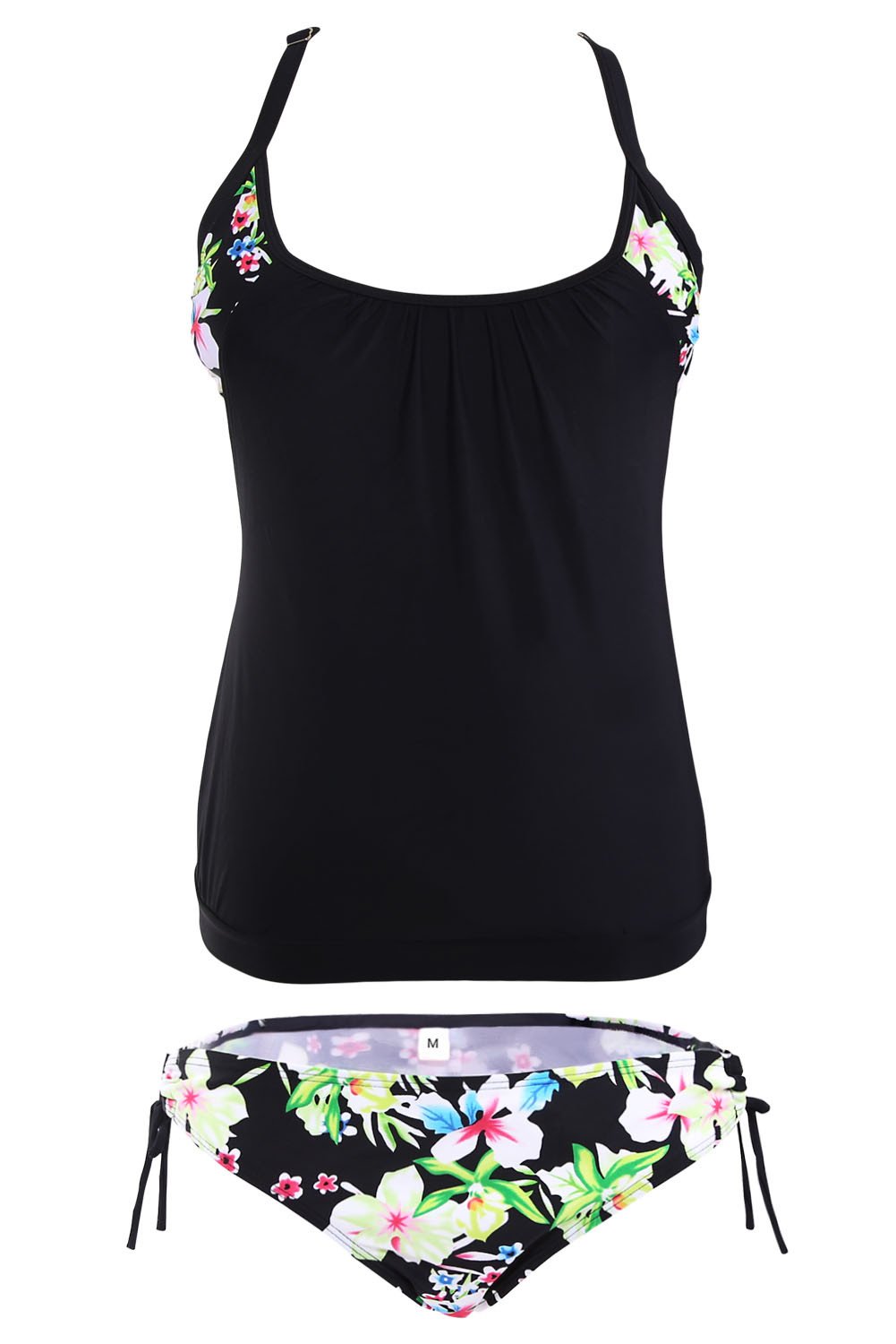 Black layered-style floral tankini swimwear featuring a flowing top and matching triangular briefs, perfect for summer beach outings.