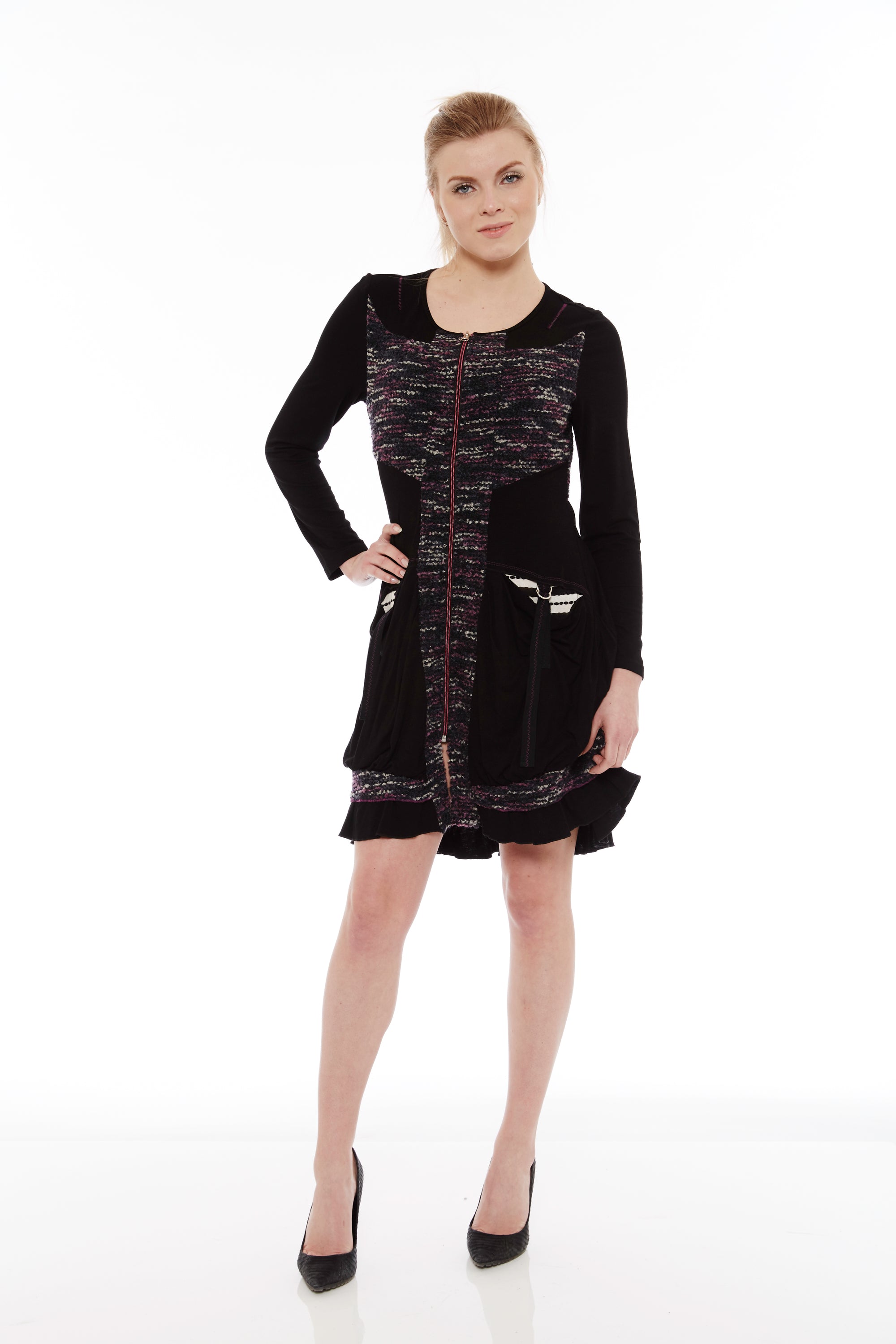 Black long sleeves crew neck dress featuring patchwork design, zip-up closure, and side pockets, perfect for casual wear.