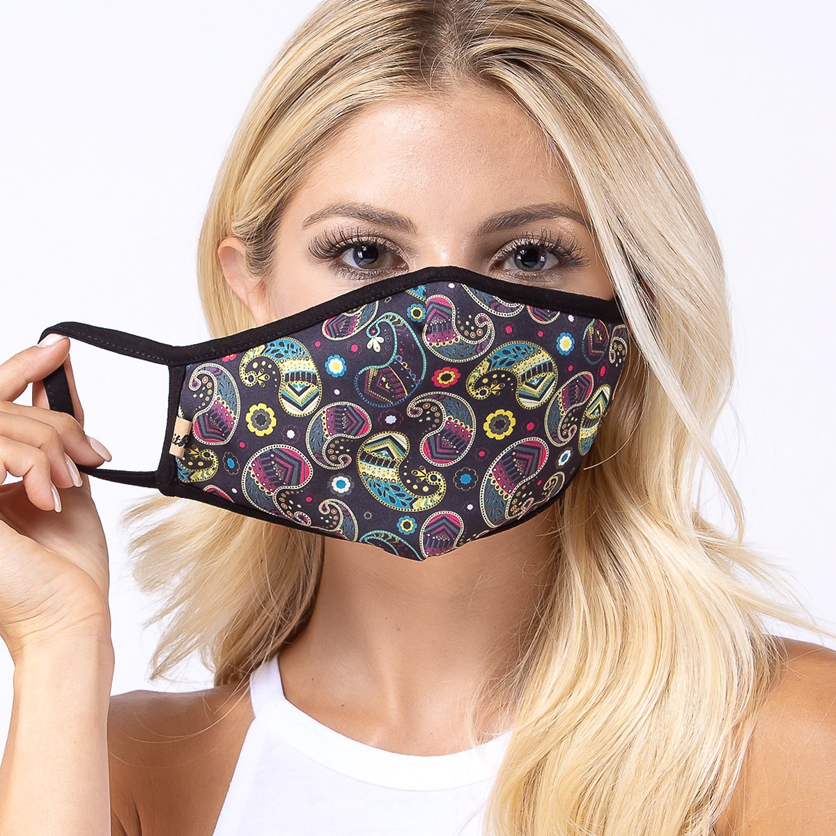 Black Multi Paisley 3-Layered Face Cover featuring a unique paisley print design, made from polyester and cotton for comfort and protection.
