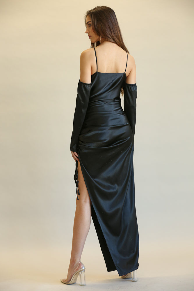 The Blake dress featuring off-shoulder sleeves, ruched side detail, and high leg slit in luxurious matte satin fabric.