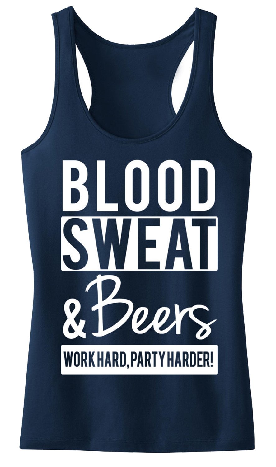 Navy blue BLOOD SWEAT & BEERS tank top with white lettering, featuring a racerback design, perfect for workouts and casual wear.