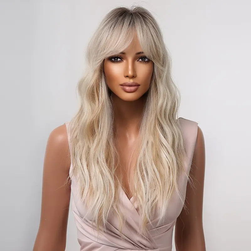 Ombre blonde long curly synthetic wig displayed on a mannequin, showcasing its natural look and soft texture.