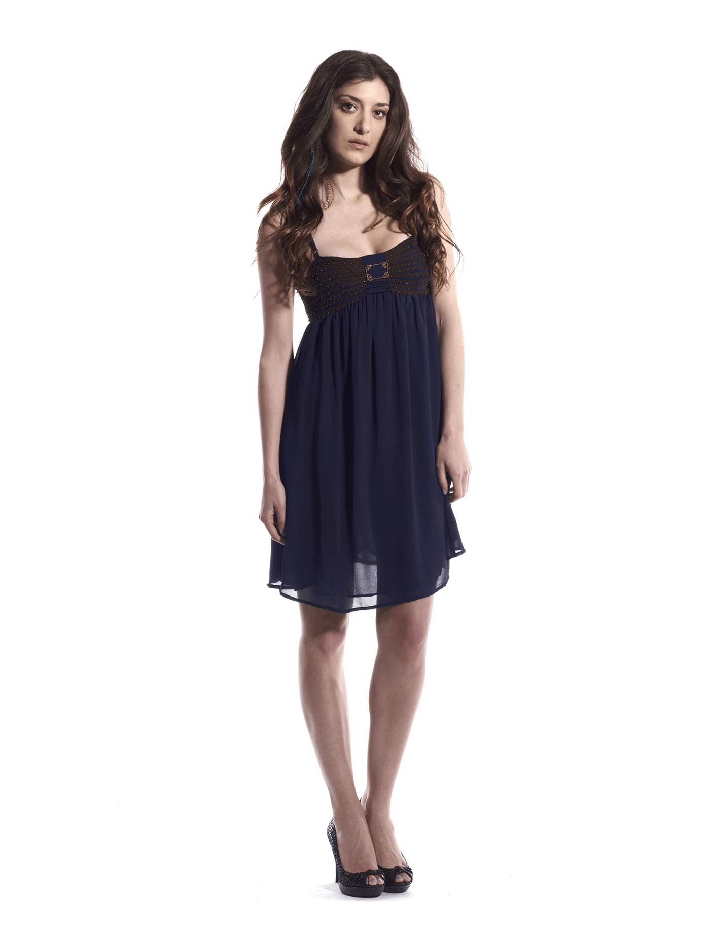 A beautiful blue flowy dress adorned with gold embellishments, featuring a low cut hem for a stylish look.