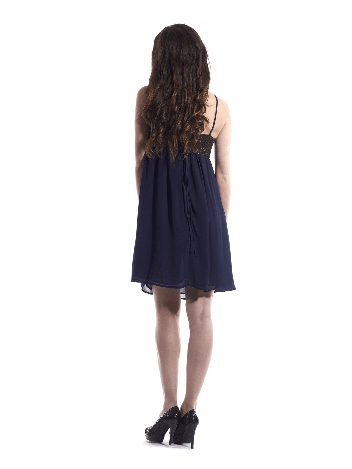 A beautiful blue flowy dress adorned with gold embellishments, featuring a low cut hem for a stylish look.