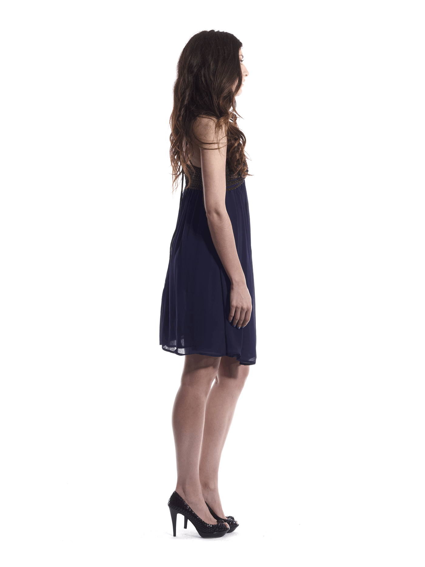 A beautiful blue flowy dress adorned with gold embellishments, featuring a low cut hem for a stylish look.