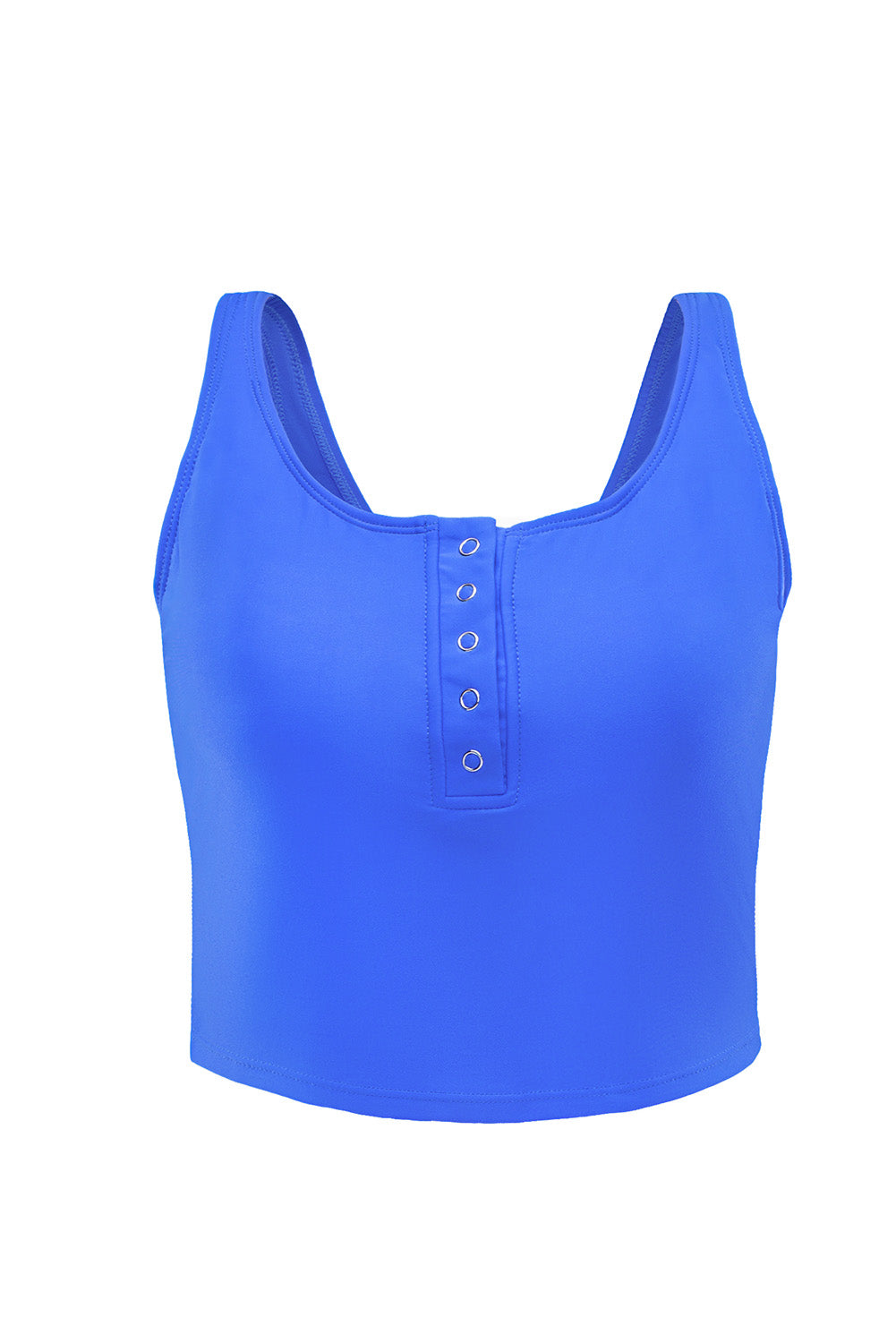 Blue square neck sleeveless tankini set featuring a stylish print and front snap button closure, perfect for beach outings.