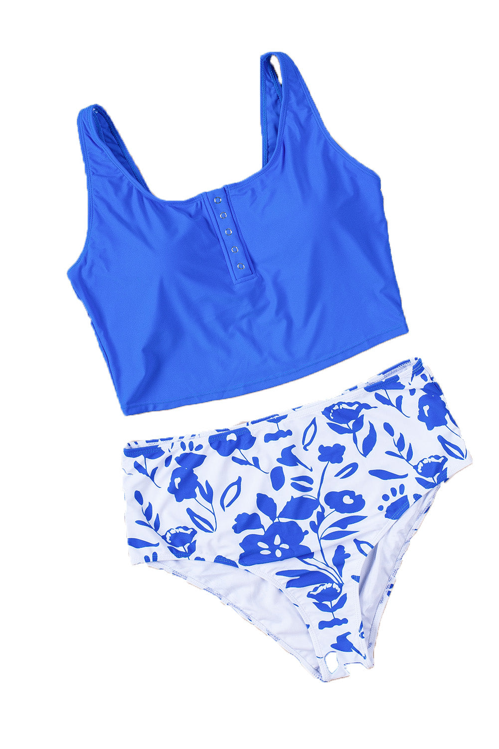 Blue square neck sleeveless tankini set featuring a stylish print and front snap button closure, perfect for beach outings.