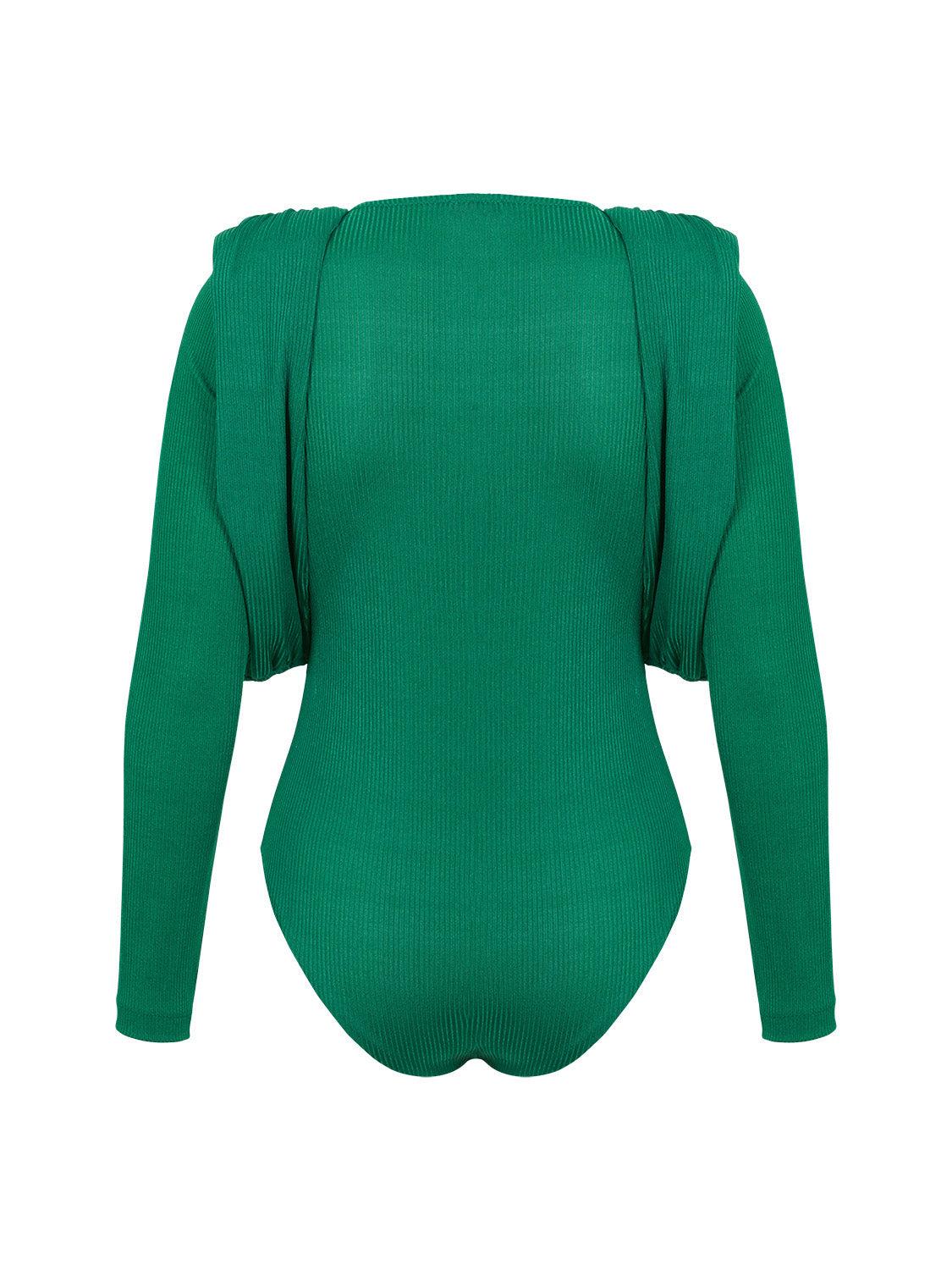 Chic crew-neck bodysuit with long sleeves and stylish shoulder pads, featuring a snap bottom closure.