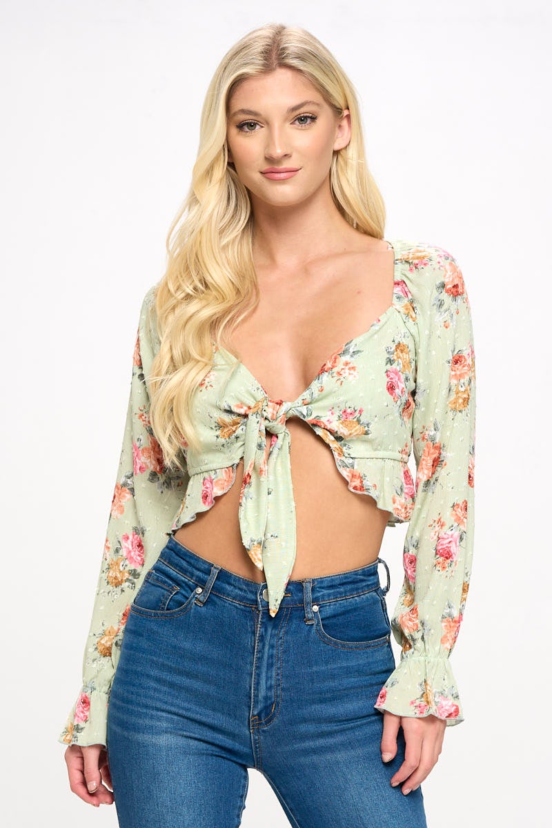 A stylish Boho Tie-Front Crop Top featuring ruffle details and long sleeves, perfect for casual outings.