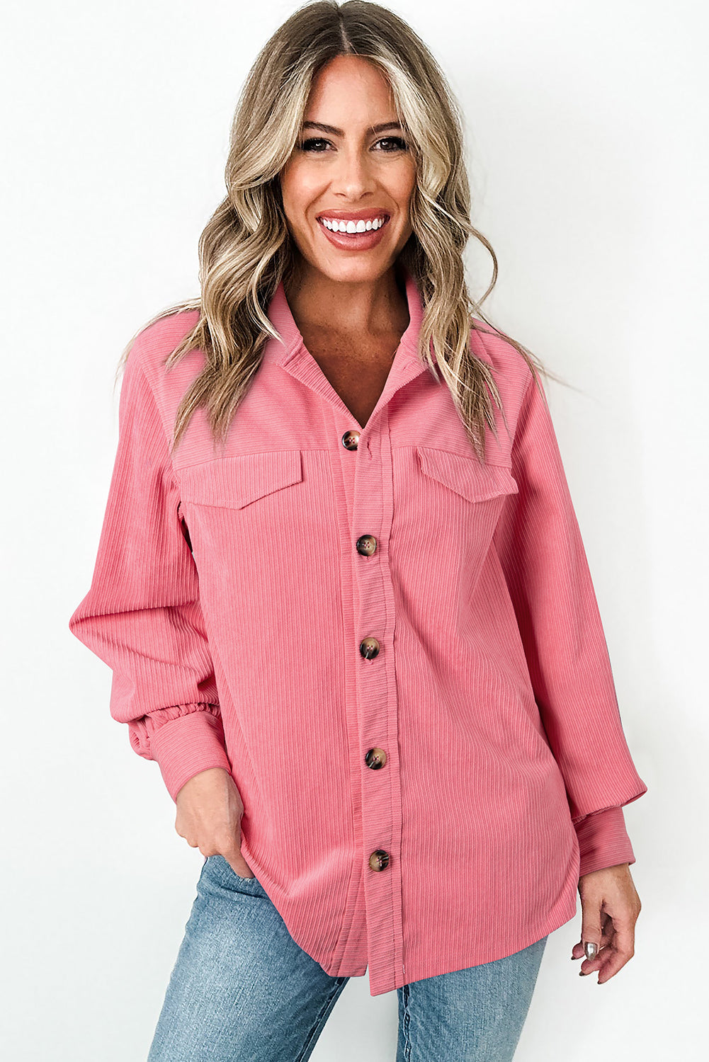 Bonbon Corduroy Button-Up Shacket featuring flap details and side splits, showcasing its stylish design and texture.