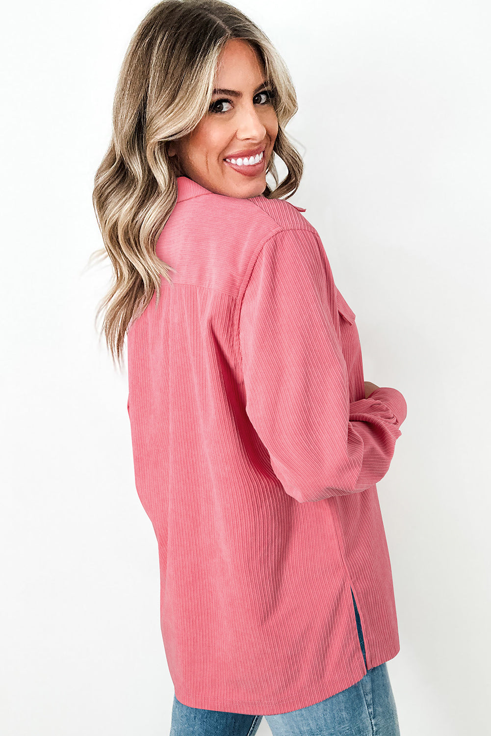 Bonbon Corduroy Button-Up Shacket featuring flap details and side splits, showcasing its stylish design and texture.