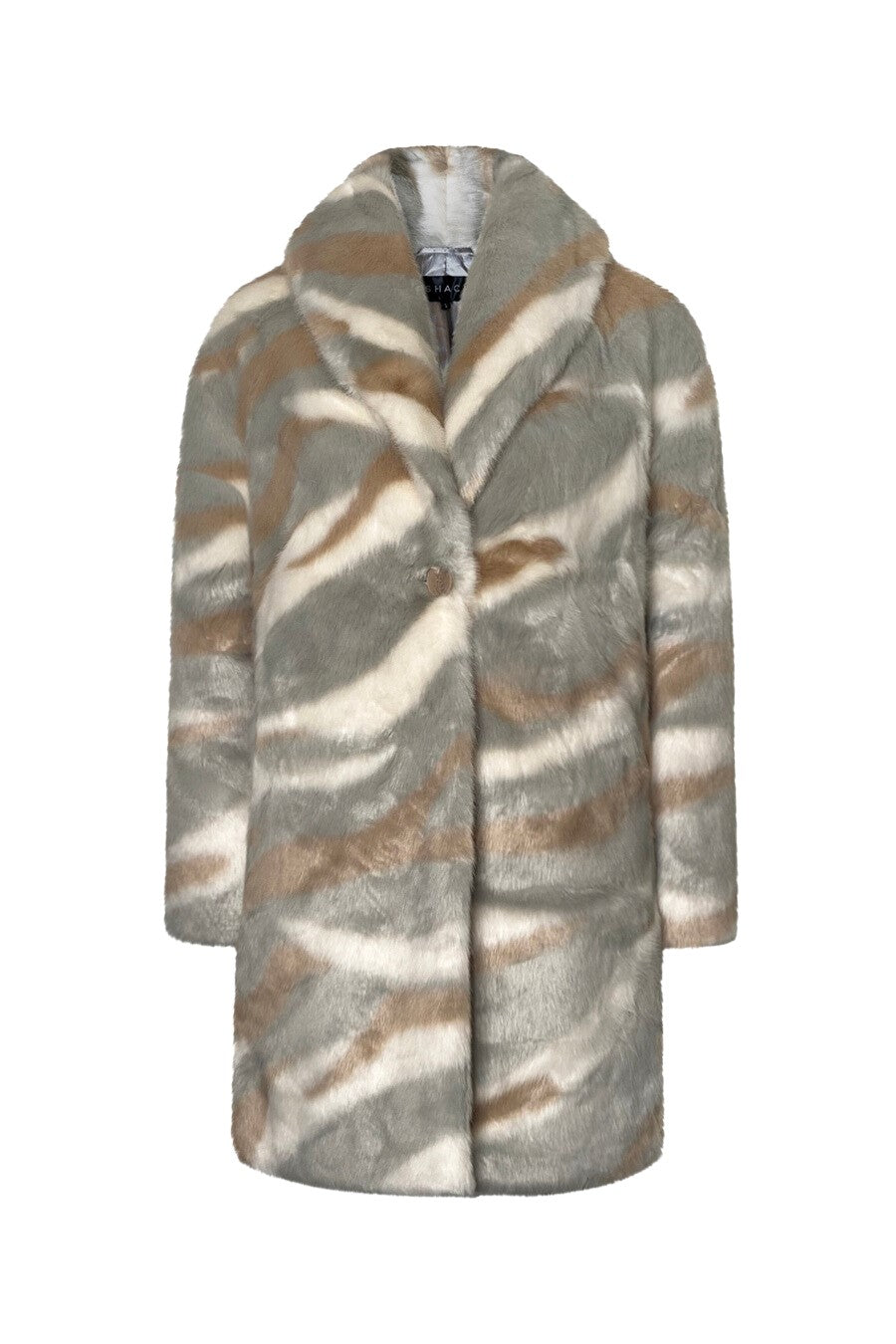 A luxurious vegan mink fur coat featuring a grey, ivory, and tan marble print, showcasing its elegant design and soft texture.