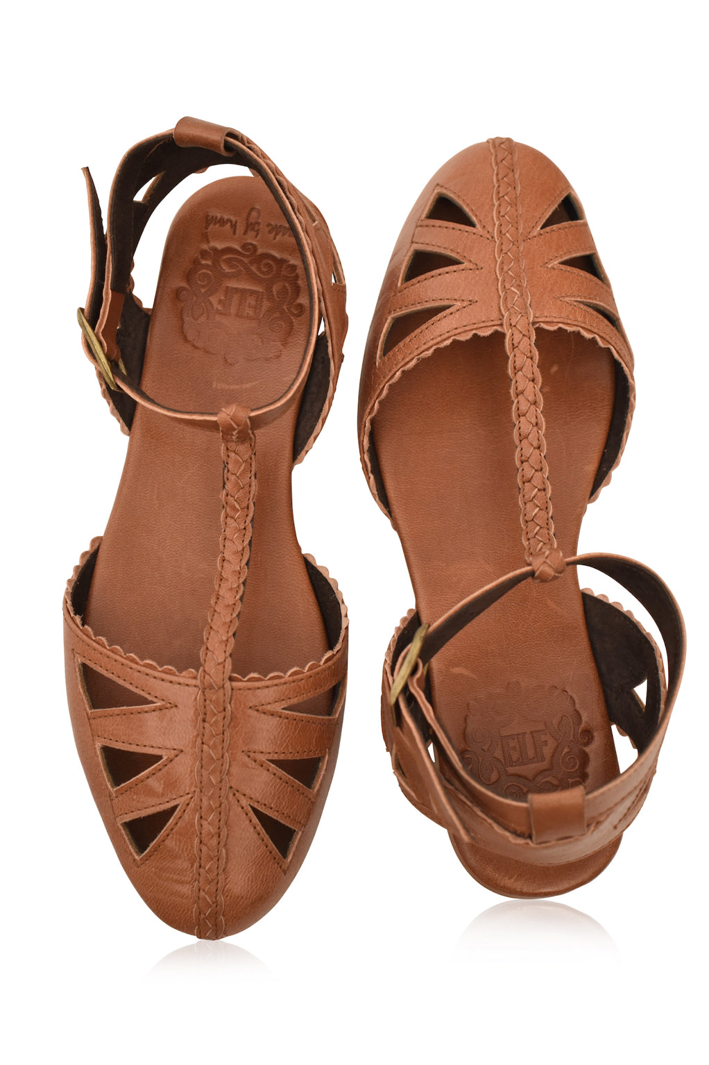 Bounty T-strap Leather Sandals showcasing round toe, cutouts, and scalloped edges in a stylish design.