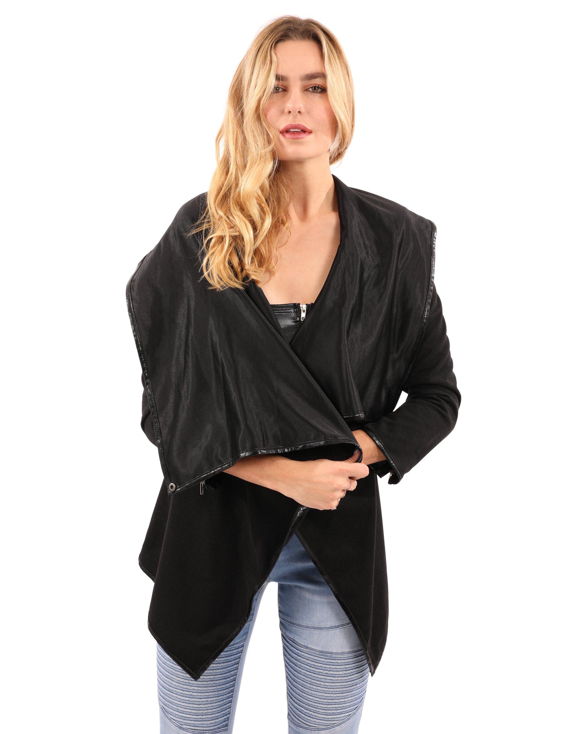 A stylish Bowmont Drape Collar Jacket in classic black, featuring a sophisticated drape collar design.