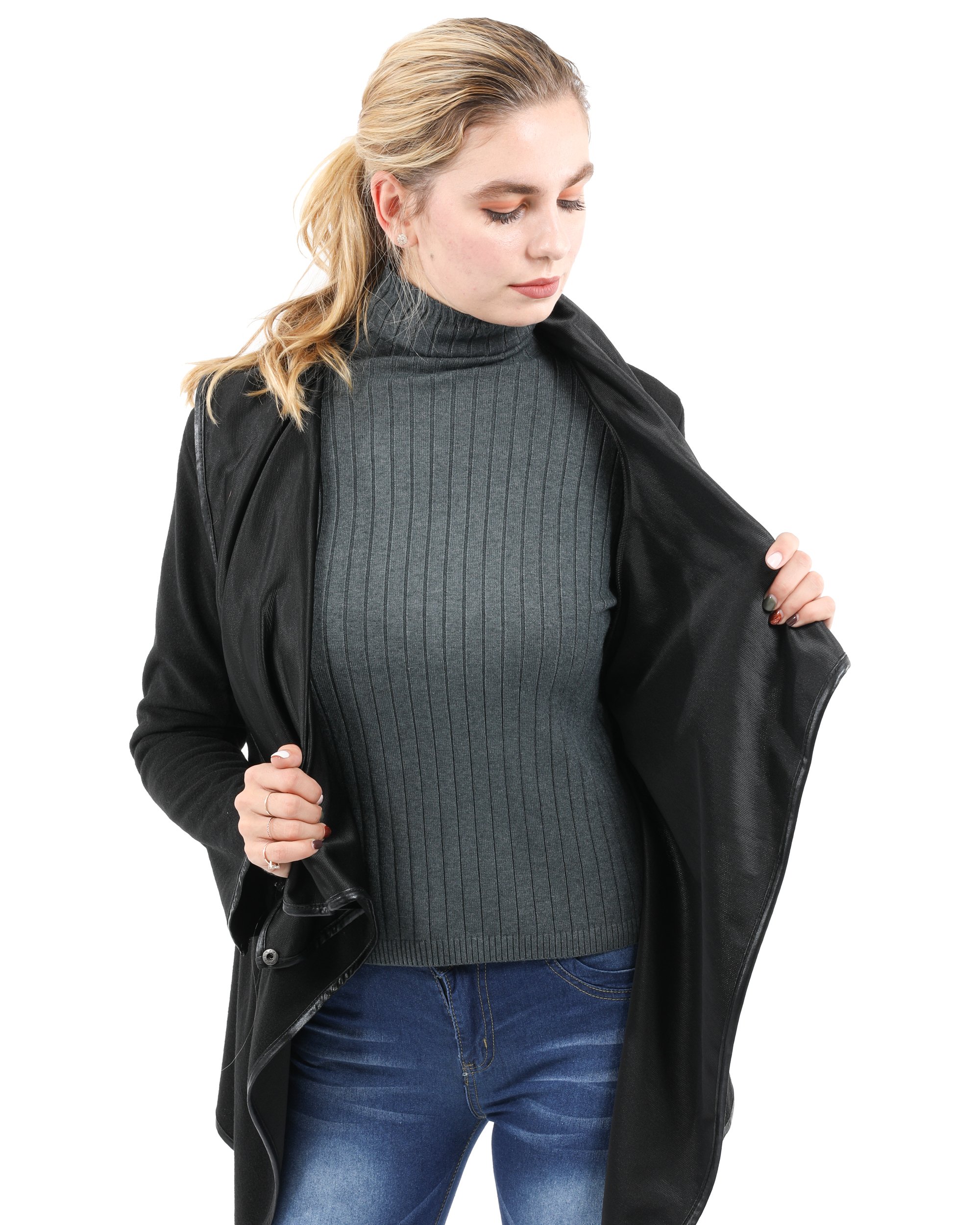 A stylish Bowmont Drape Collar Jacket in classic black, featuring a sophisticated drape collar design.
