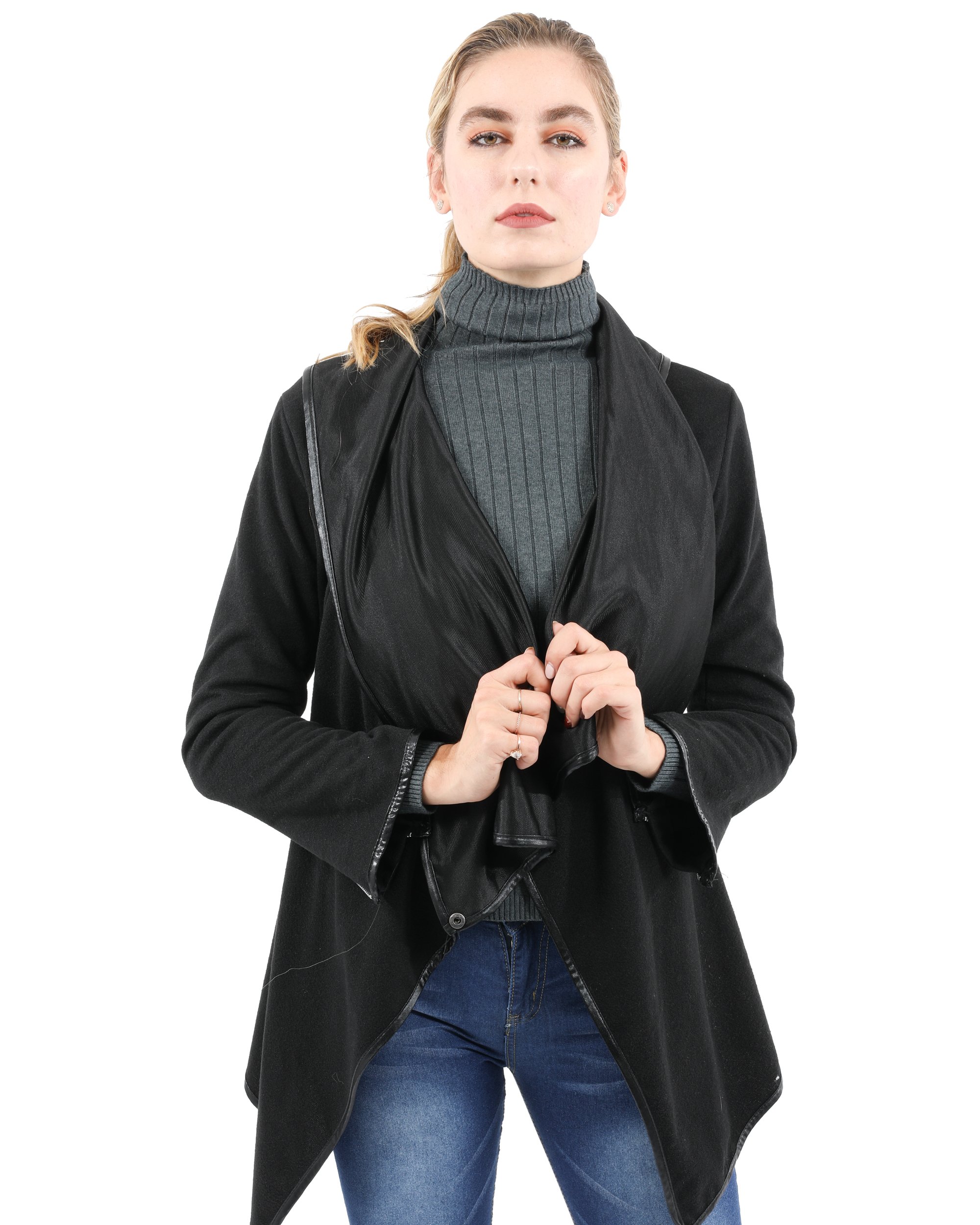 A stylish Bowmont Drape Collar Jacket in classic black, featuring a sophisticated drape collar design.